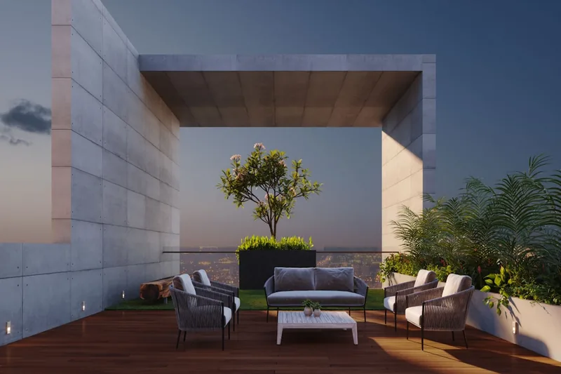 Pergola aluminium blanche sur toit-terrasse moderne avec vue