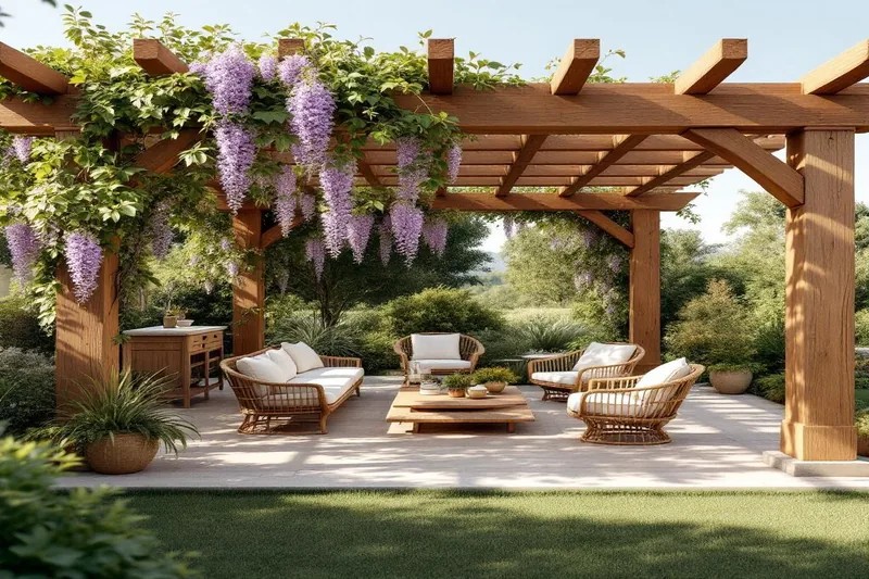 Pergola en bois naturel avec poutres apparentes dans un jardin aménagé
