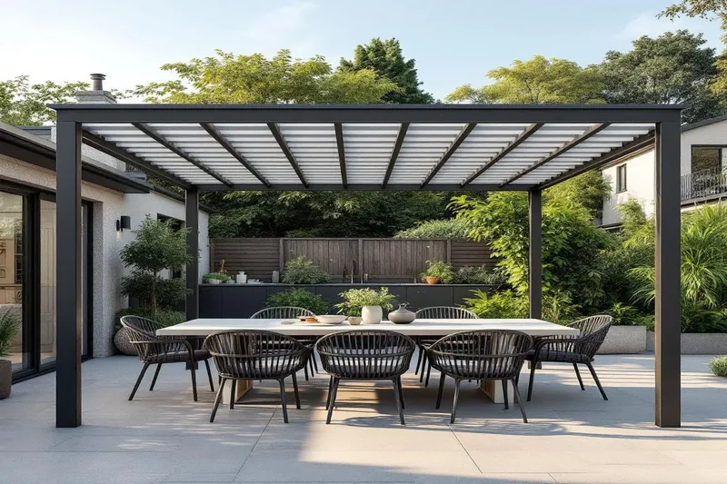 Pergola de grande surface avec mobilier de jardin sur terrasse