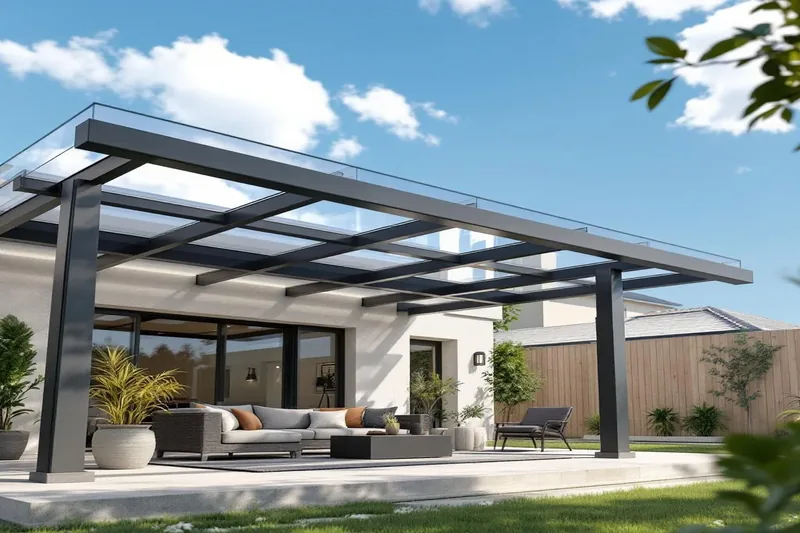 Pergola avec toiture transparente abritant un espace extérieur