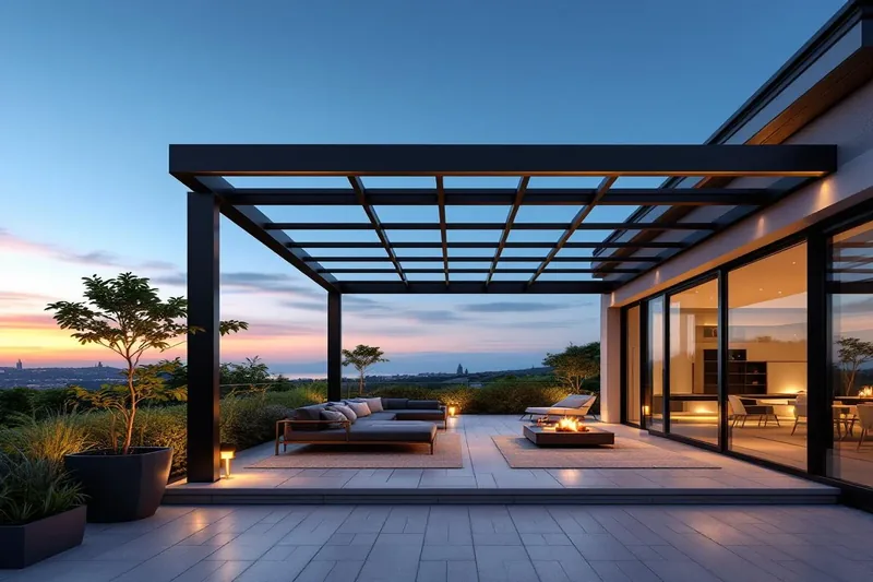 Pergola haut de gamme installée devant une maison contemporaine
