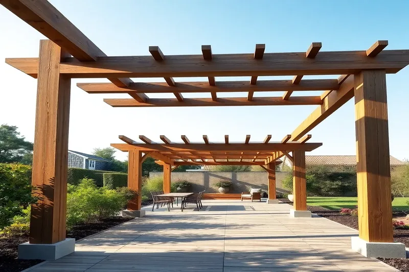 Pergola en bois naturel avec poutres apparentes dans un jardin aménagé — pergola bois adossée