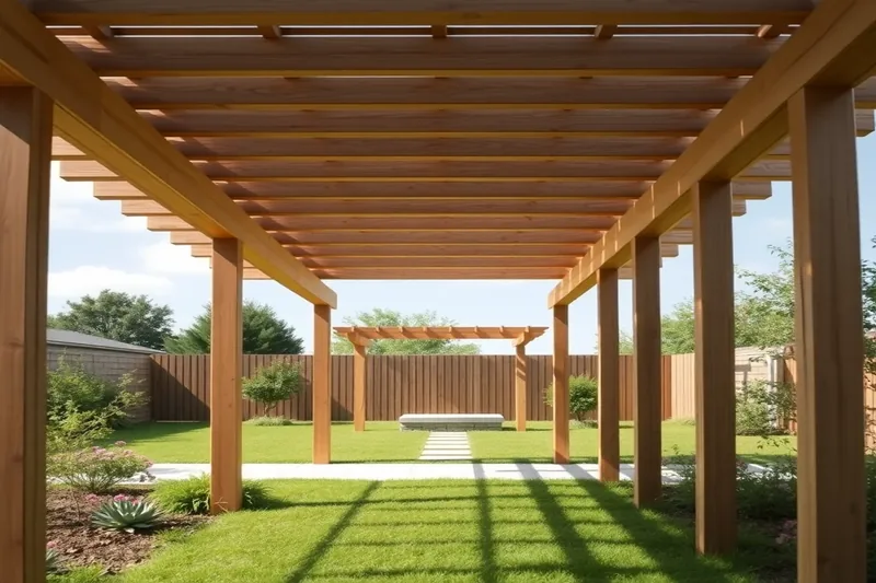 Pergola en bois naturel avec poutres apparentes dans un jardin aménagé — pergola bois autoportante