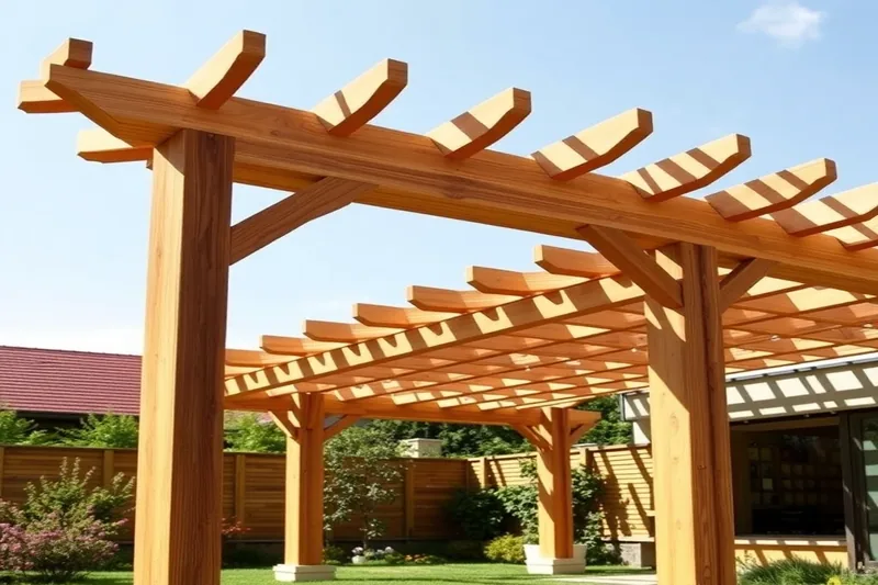 Pergola en bois naturel avec poutres apparentes dans un jardin aménagé — pergola bois douglas