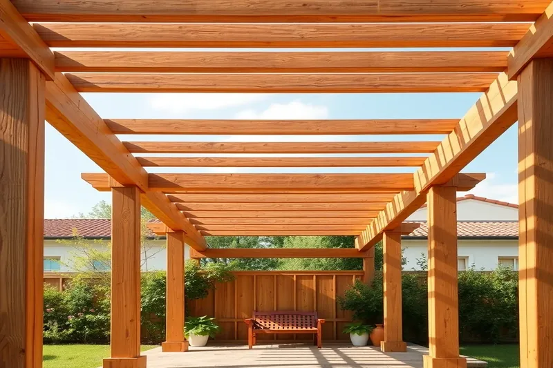 Pergola en bois naturel avec poutres apparentes dans un jardin aménagé — pergola bois exotique