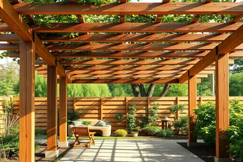Pergola en bois naturel avec poutres apparentes dans un jardin aménagé — pergola bois pas cher