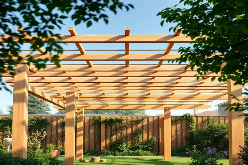 Pergola en bois naturel avec poutres apparentes dans un jardin aménagé — pergola bois sur mesure