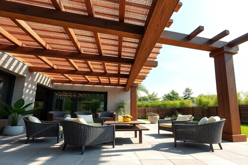 Pergola de grande surface avec mobilier de jardin sur terrasse — pergola sur mesure