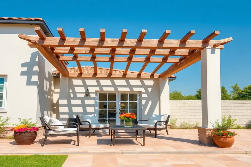 Pergola de grande surface avec mobilier de jardin sur terrasse illustrant petite pergola