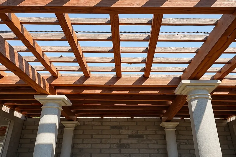 Installation d'une pergola aluminium sur terrasse en béton illustrant fondations pergola