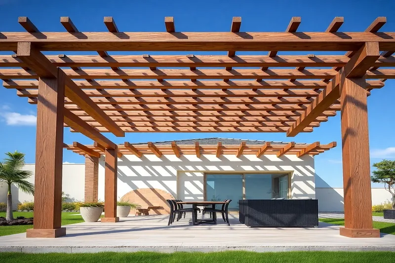 Pergola haut de gamme installée devant une maison contemporaine — pergola pas cher