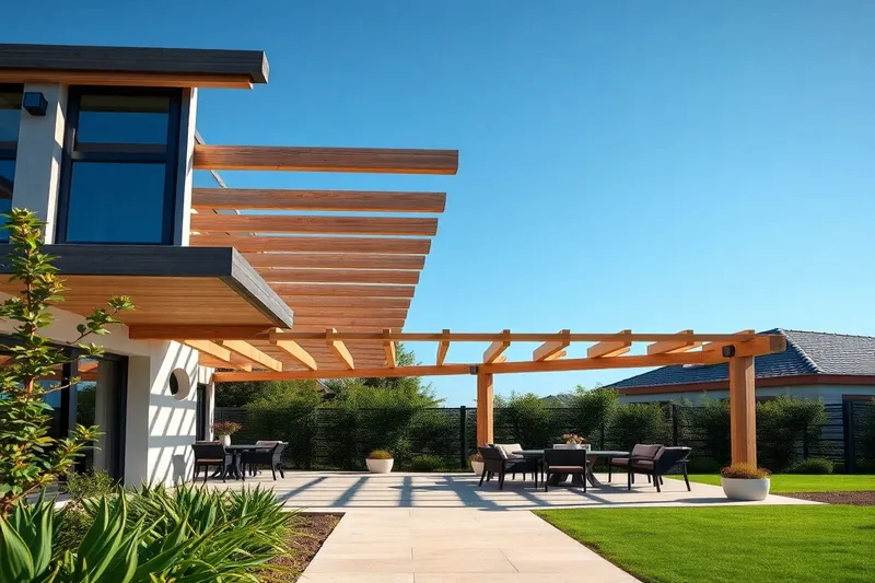 Pergola haut de gamme installée devant une maison contemporaine illustrant prix pergola bioclimatique